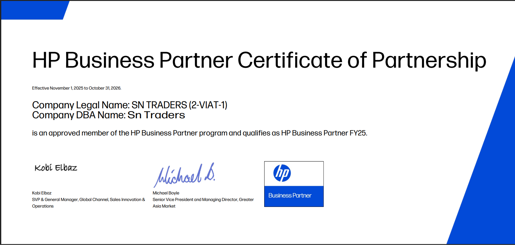 HP Business Partner Certificate - SN TRADERS